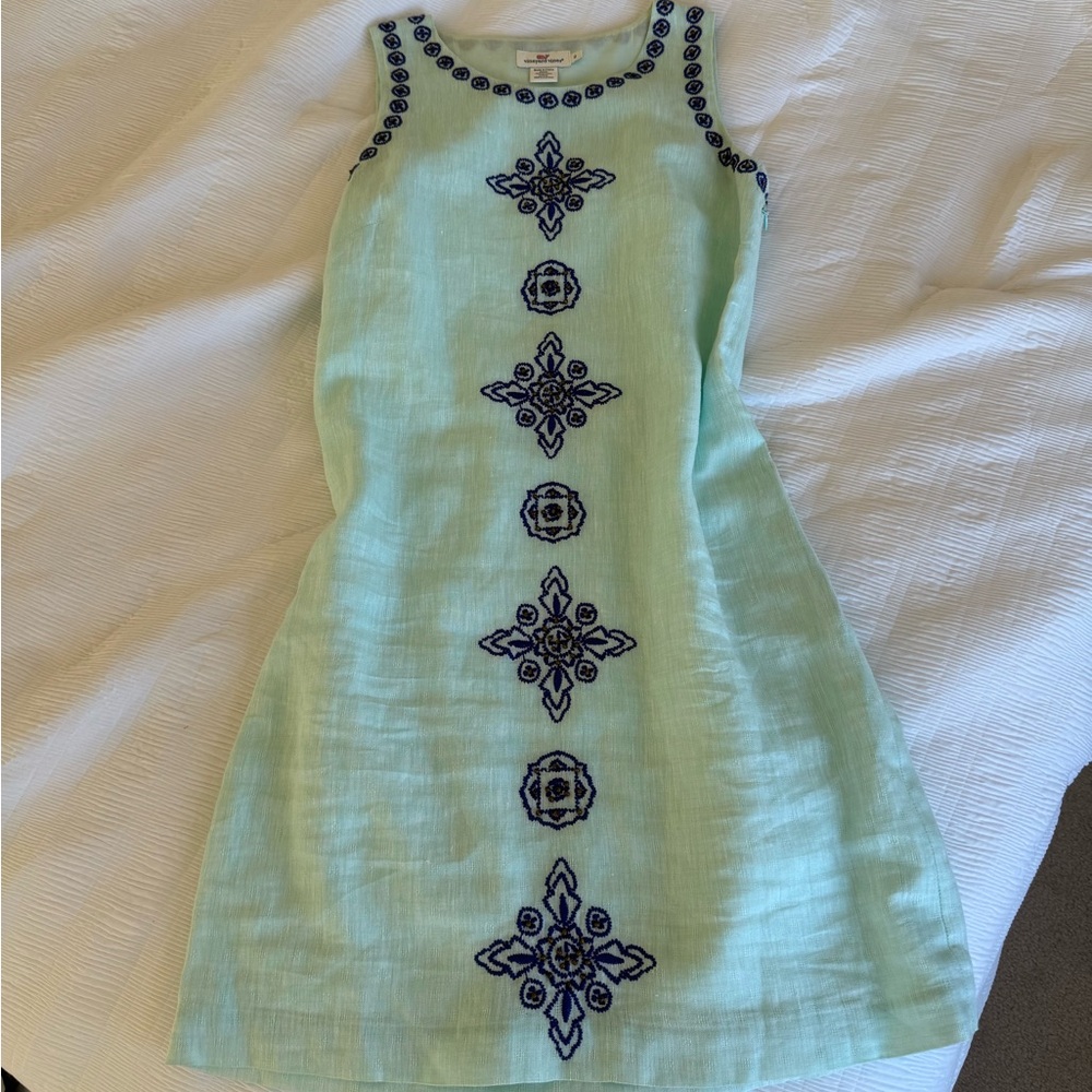 Vineyard Vines Mint Green Linen Midi Dress with Navy Embroidery